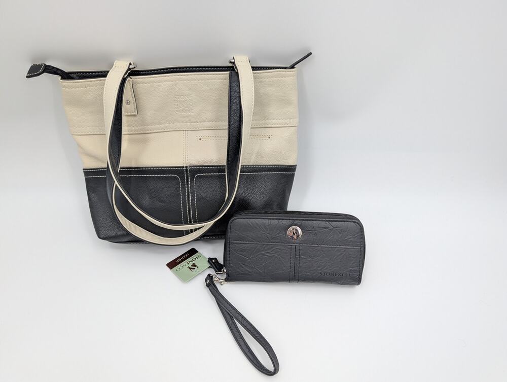 NWT Stone & Co Donna Tote Bone Black and Wristlet Wallet Black Leather Preppy